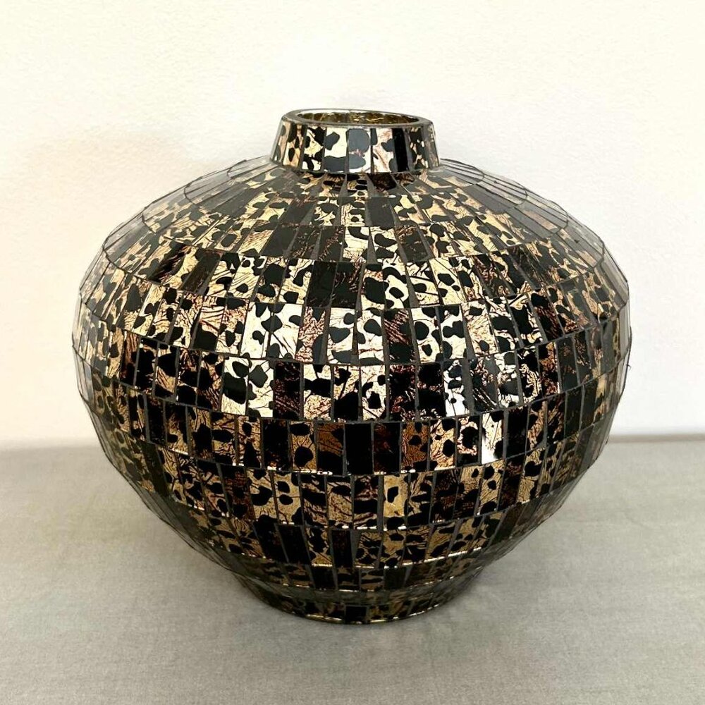 Black/Gold Animal Print Mosaic Glass Vase